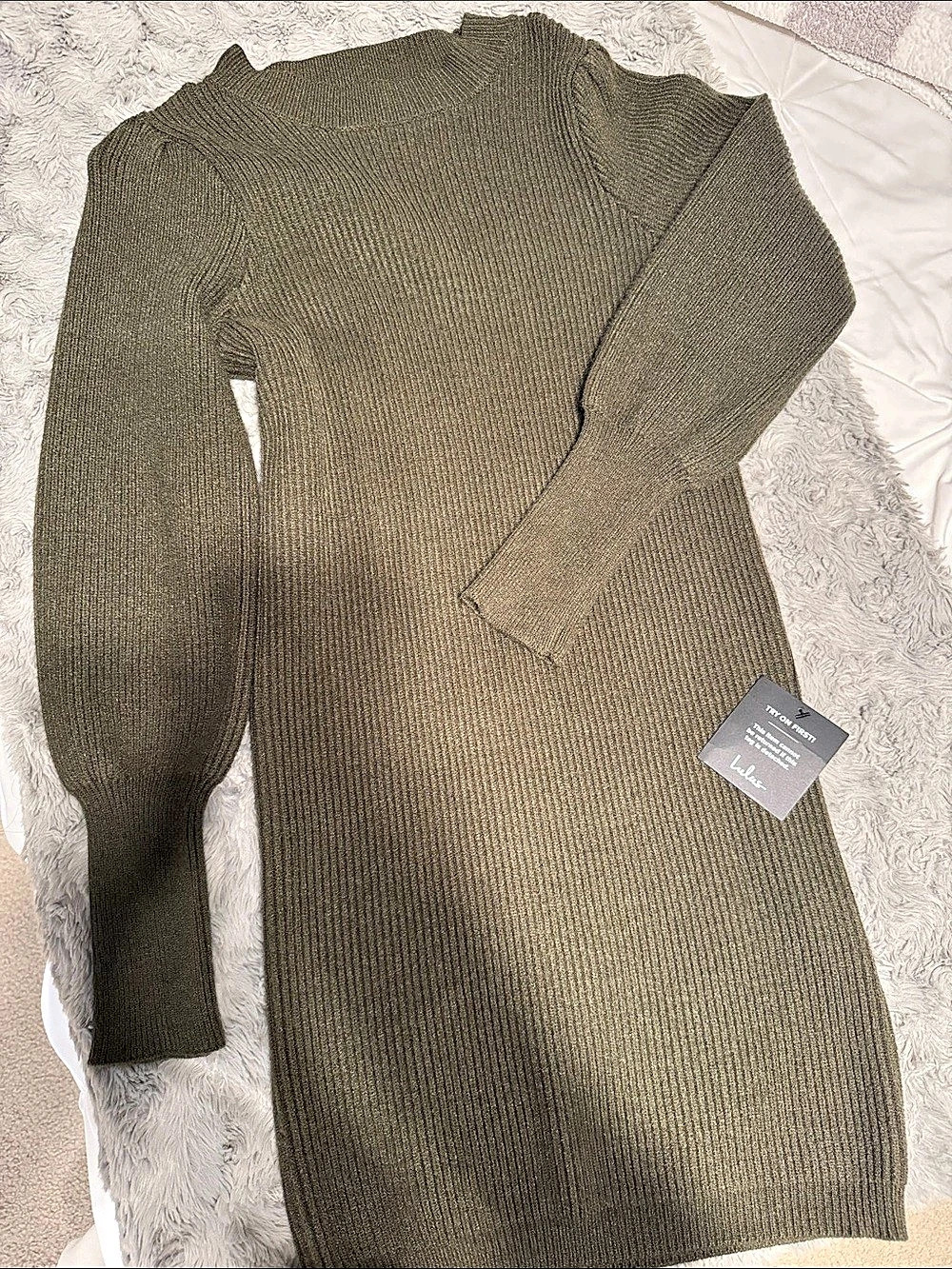 Lulus Loving You Fondly Olive Green Ribbed Knit Balloon Sleeve Sweater Dress